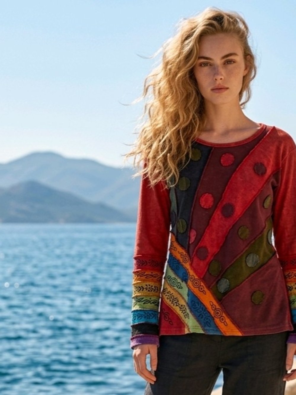 Y2K Greater Good Rainbow Patchwork Boho Hippie Long Sleeve Shirt L/XL EUC